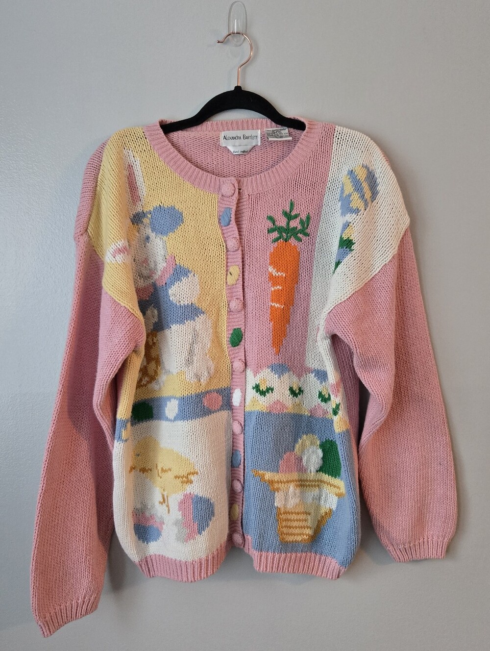 Alexandra Bartlett Vintage Easter Cardigan XL Pink Ramie Cotton Bunny Knit